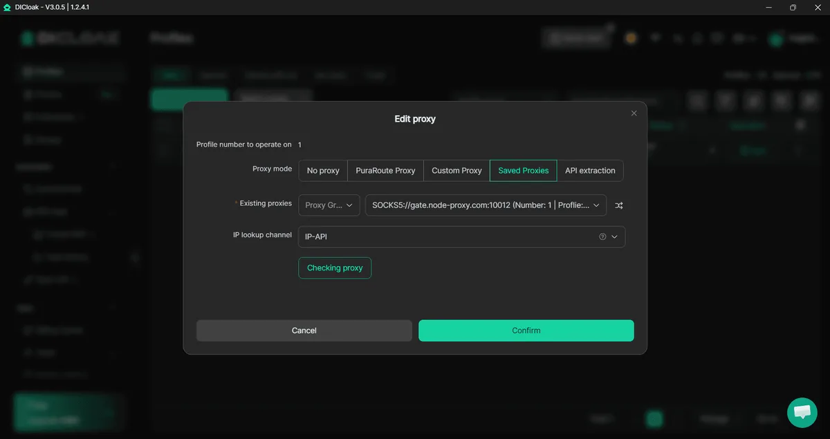 Окно Edit proxy в DICloak: режим Saved Proxies, сохраненный SOCKS5-прокси gate.node-proxy.com, IP lookup channel IP-API и кнопка Checking proxy