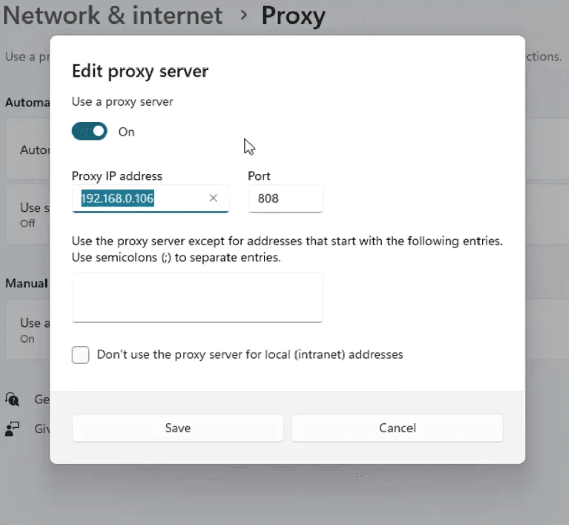 Windows 11 Edit proxy server dialog with Use a proxy server on, an IP address and port 808