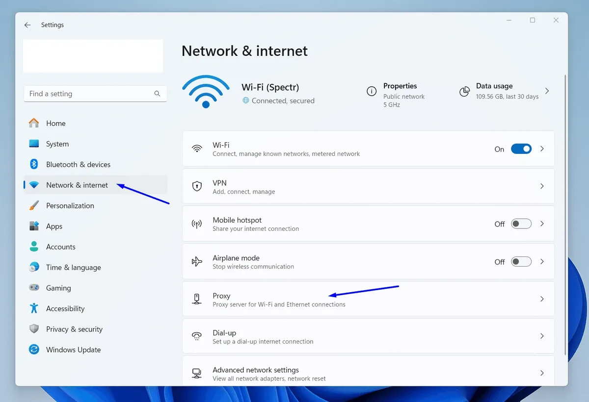 Windows 11 Settings, Network & internet section with the Proxy item marked