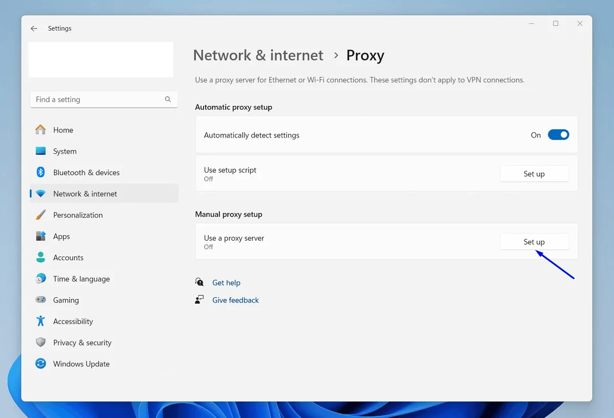 Proxy page in Windows 11 with the Set up button next to Use a proxy server