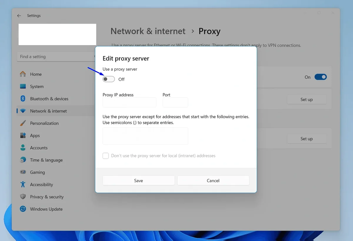 Edit proxy server window with the Use a proxy server toggle still off