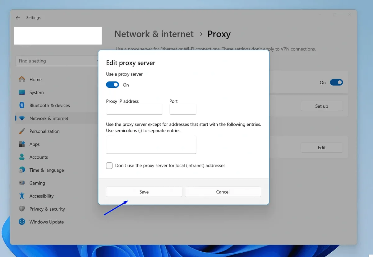 Edit proxy server window with the toggle on and the Save button marked