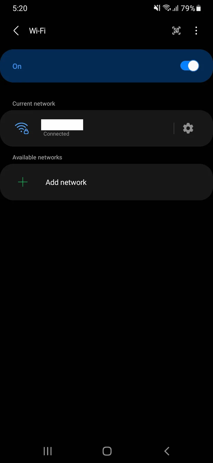 Android Wi-Fi screen with the connected network and the gear icon