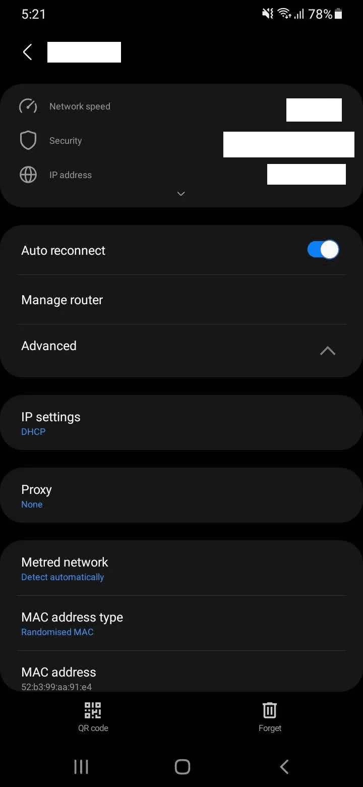 Wi-Fi network details on Android with Advanced expanded and Proxy set to None