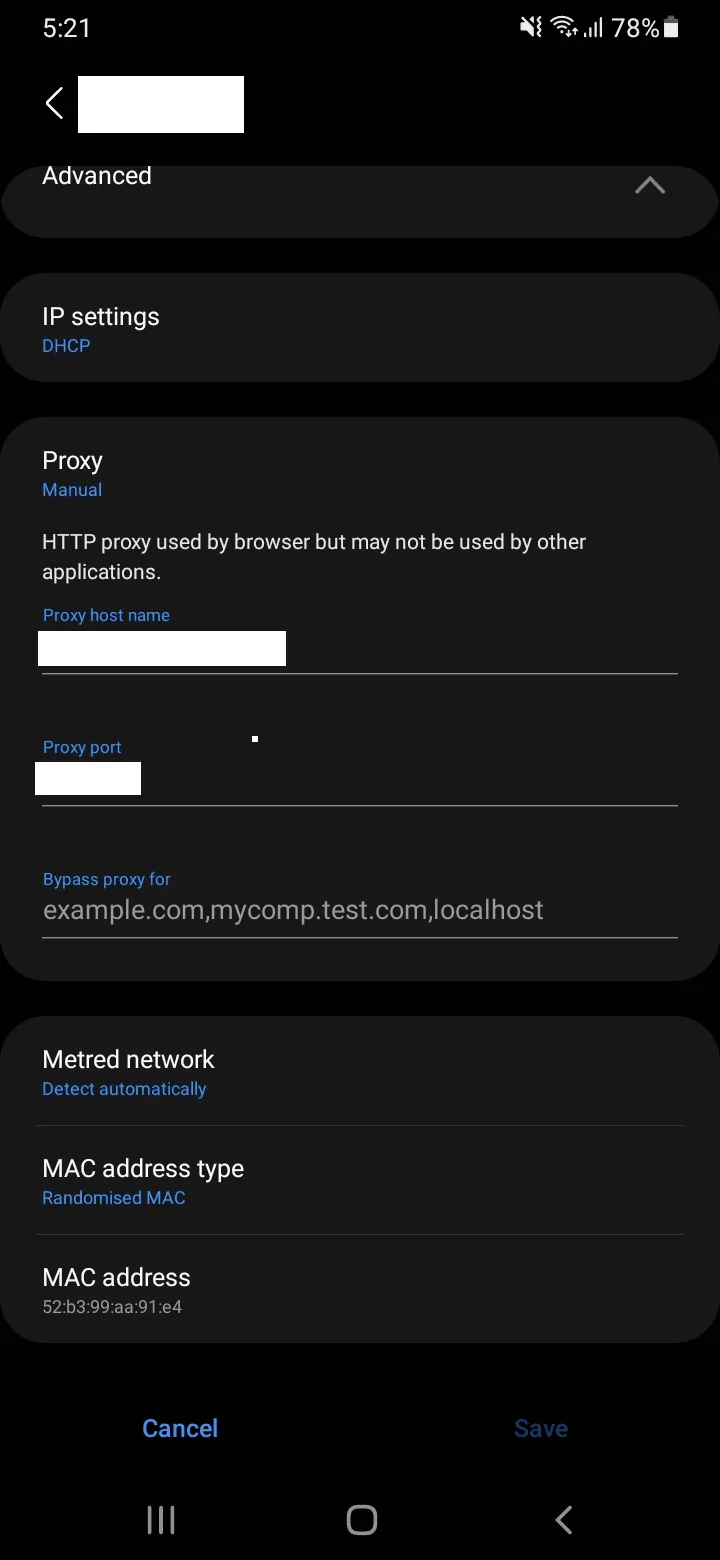 Manual proxy form on Android with Proxy host name, Proxy port and Bypass proxy for fields