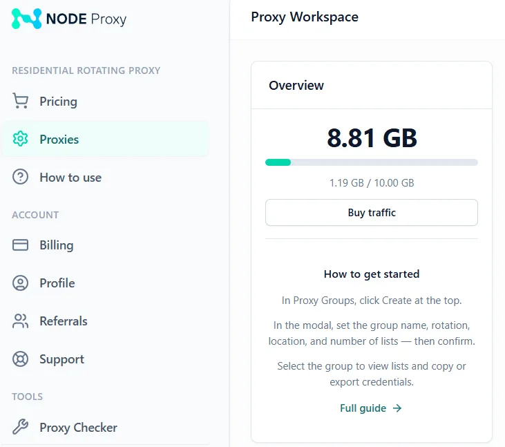 Интерфейс сайта Node Proxy для работы с резидентскими прокси
