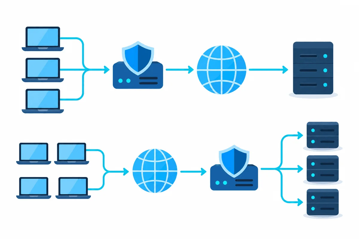 Forward proxy in front of client laptops and reverse proxy in front of backend servers, shown as two mirrored lanes