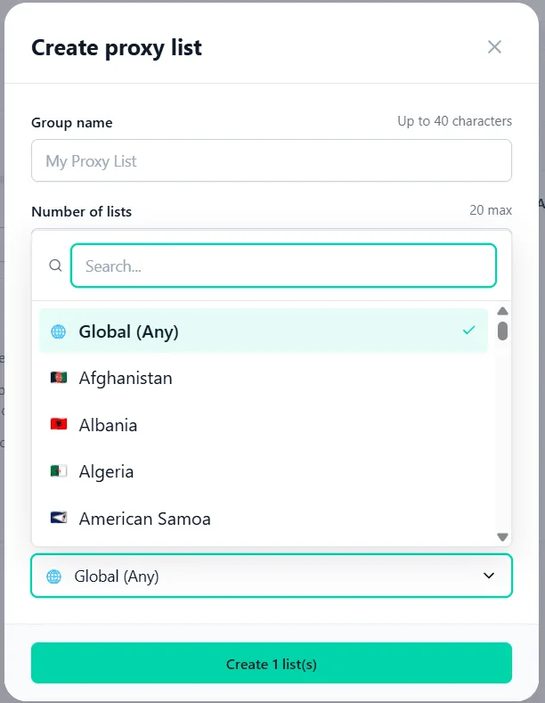 Selecting a proxy geographic location when creating a list in Node Proxy
