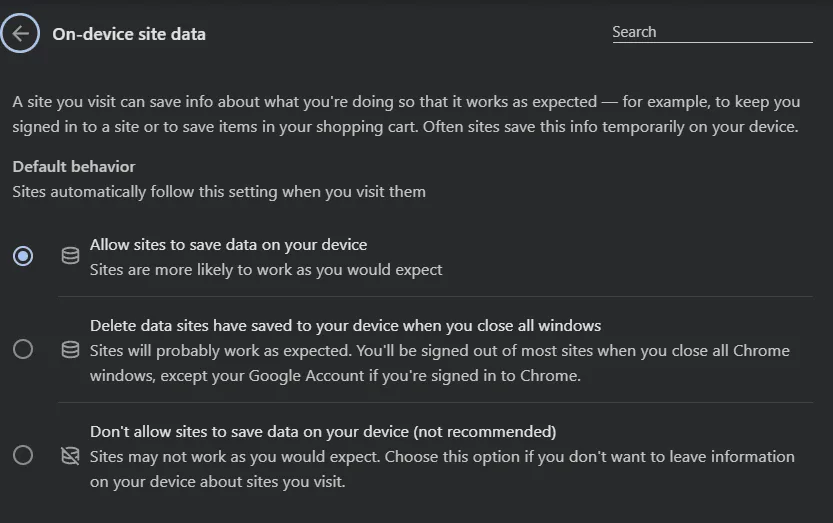 Chrome On-device site data settings with Allow sites to save data on your device selected