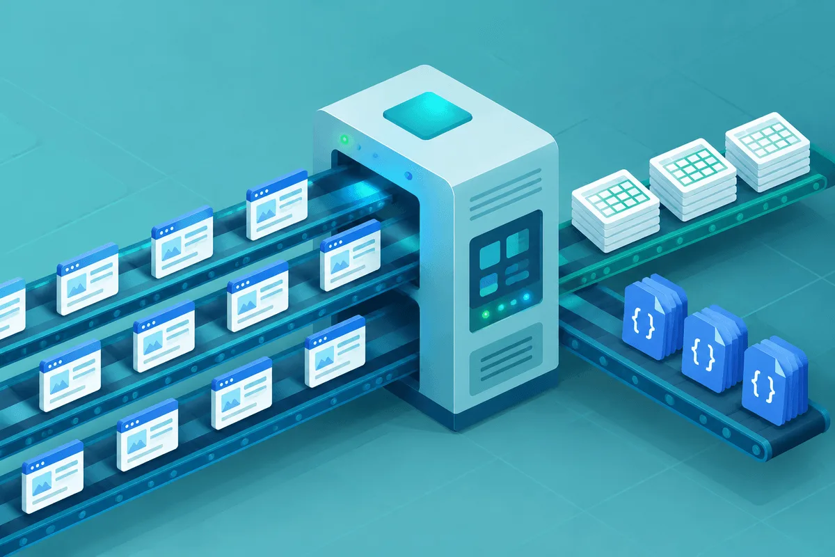 Isometric illustration of a conveyor carrying web page cards into a sorting machine that outputs tables and structured documents