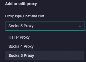Выбор типа прокси в GoLogin: HTTP, SOCKS4 и SOCKS5