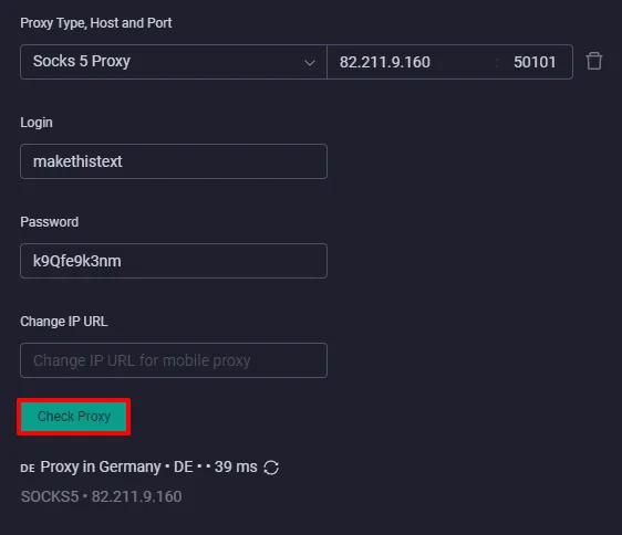 Поля прокси в GoLogin для IP-адреса, порта и логина с кнопкой Check proxy