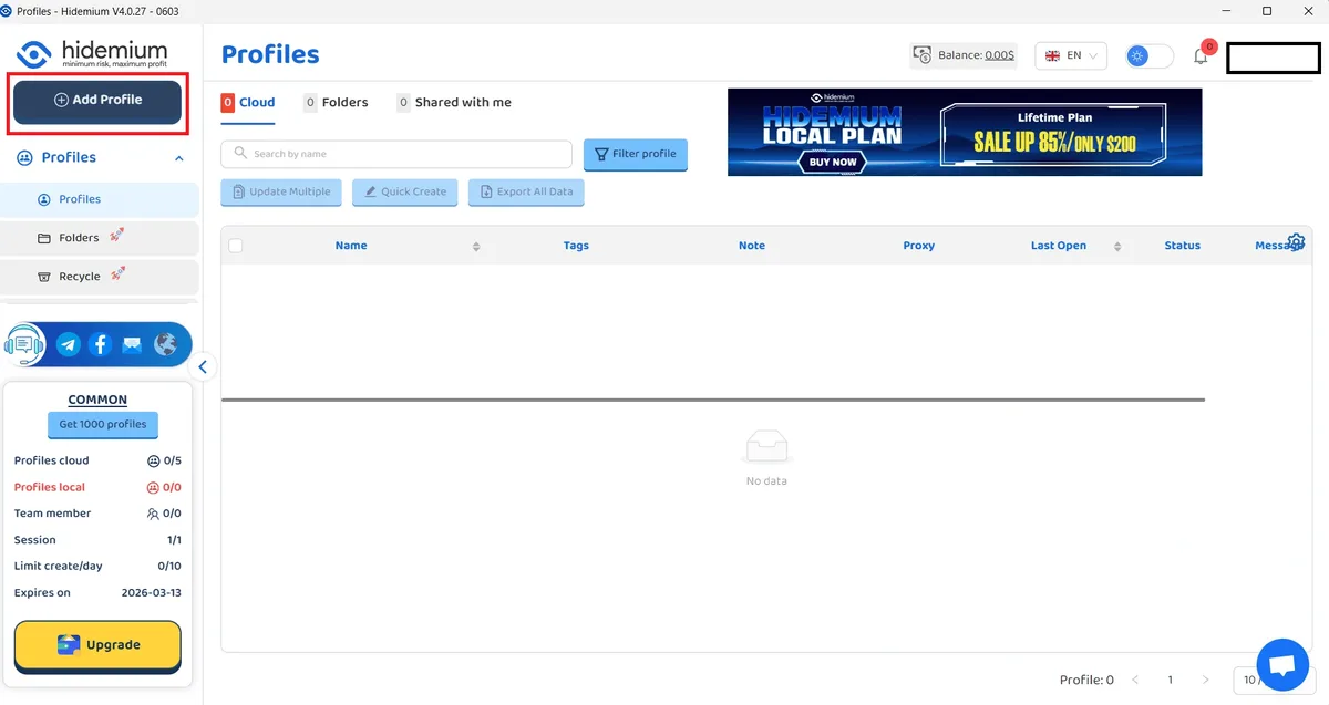 Hidemium Profiles page with the Add Profile button highlighted