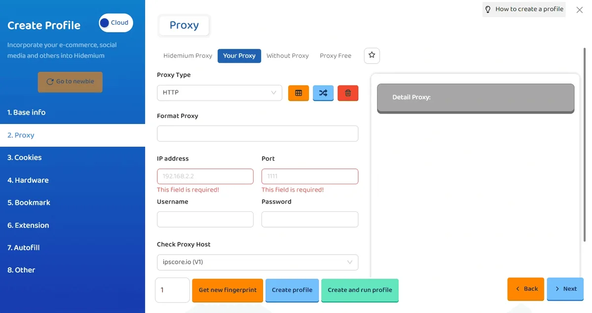 Proxy step in Hidemium with the Your Proxy tab, Proxy Type, IP address, Port, Username and Password fields