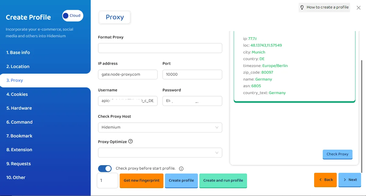 Proxy step of Create Profile in Hidemium with host, port and masked credentials, the check result shows Munich, Germany