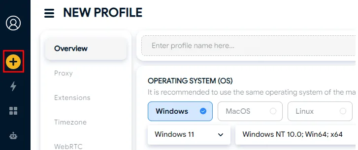 Creating a new browser profile in Hidemyacc