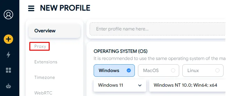 Proxy section in the Hidemyacc profile settings