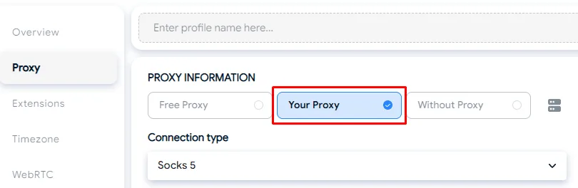 Selecting Your Proxy and the proxy protocol in Hidemyacc