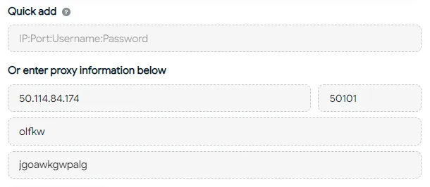Entering the proxy IP address, port, username and password in Hidemyacc