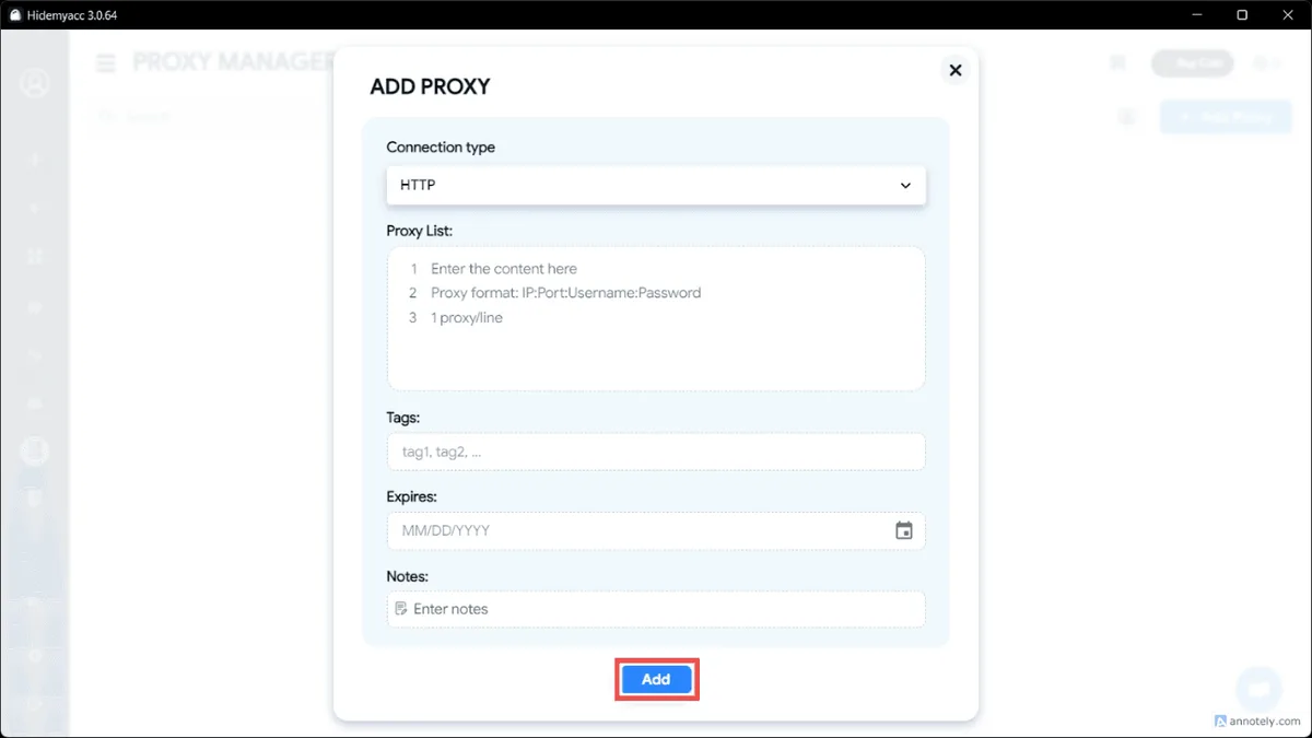 Pasting a proxy list into the Hidemyacc Proxy Manager import window