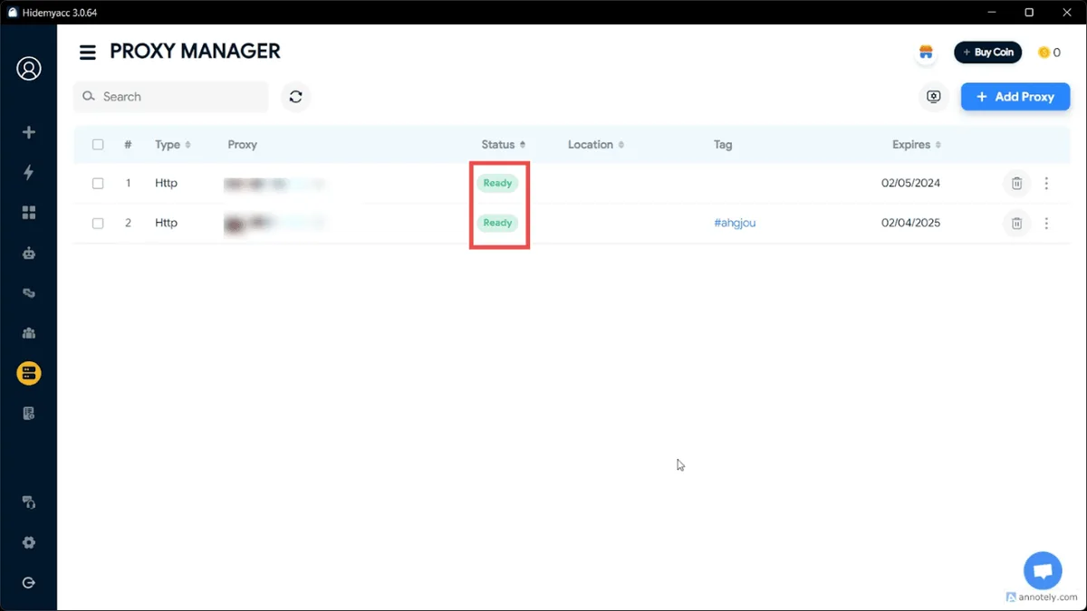Imported proxy list in the Hidemyacc Proxy Manager