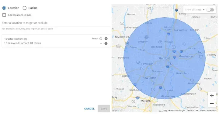 Google geotargeting setup process with a location radius