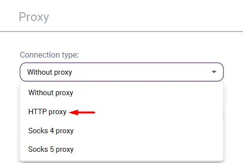 Настройки прокси в Incogniton с выбором протокола HTTP, HTTPS или SOCKS5 / Incogniton proxy settings with HTTP, HTTPS, or SOCKS5 protocol options