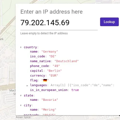 IP geolocation lookup showing the country and region of an IP address