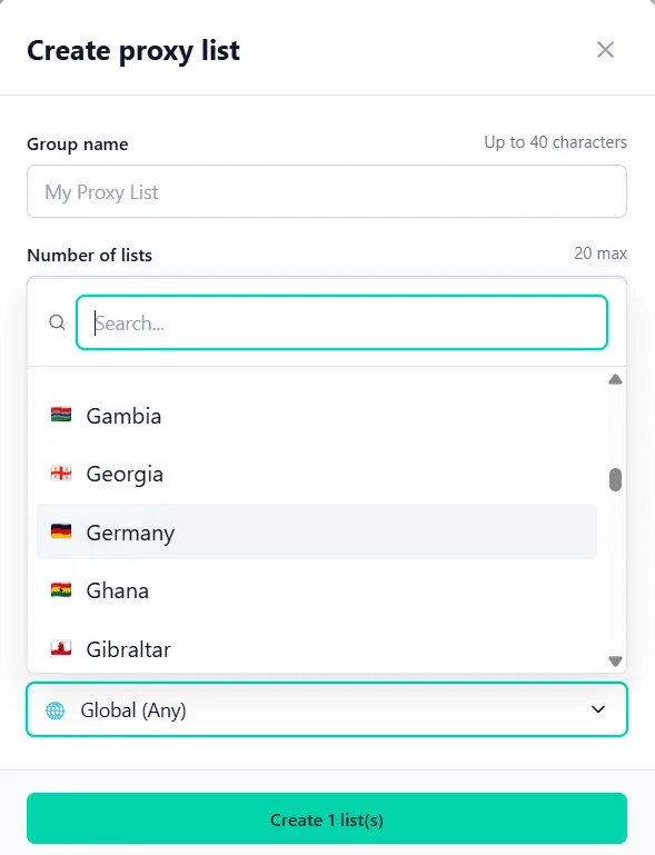 Selecting a GEO when creating a new proxy list in Node Proxy