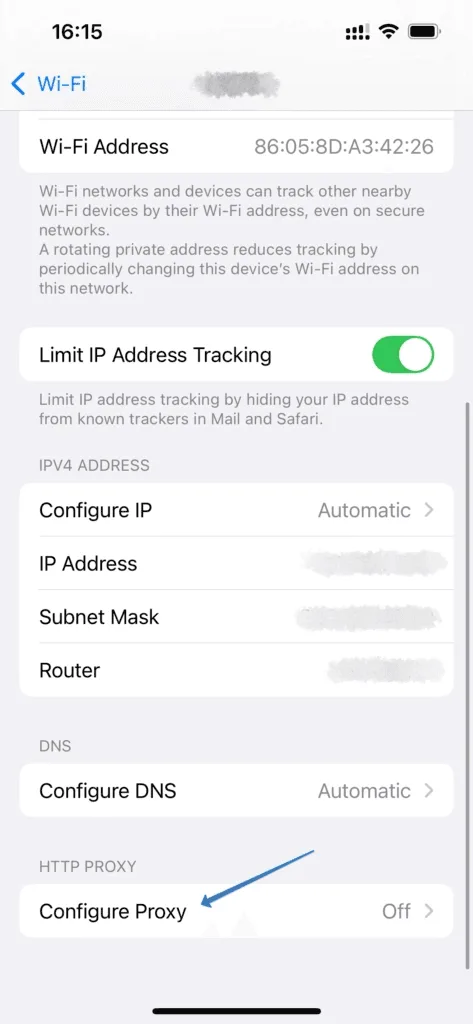 Страница сведений о сети, пролистанная до раздела HTTP PROXY с пунктом Configure Proxy