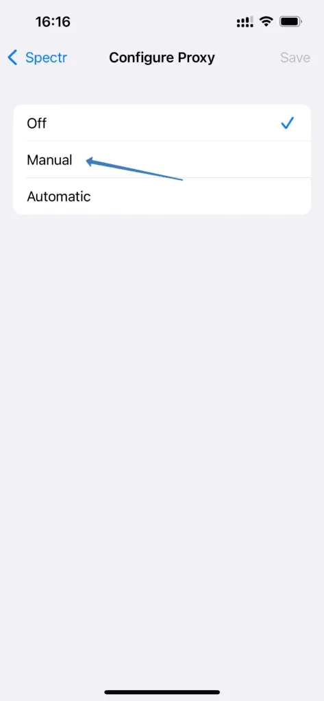 Экран Configure Proxy с вариантами Off, Manual и Automatic