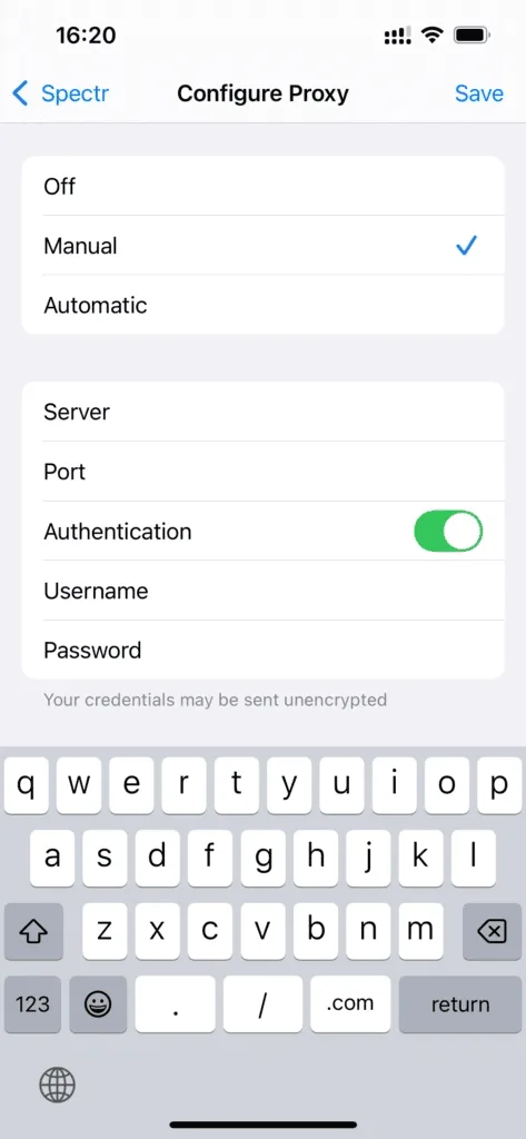 Форма ручной настройки с полями Server, Port, Authentication, Username и Password
