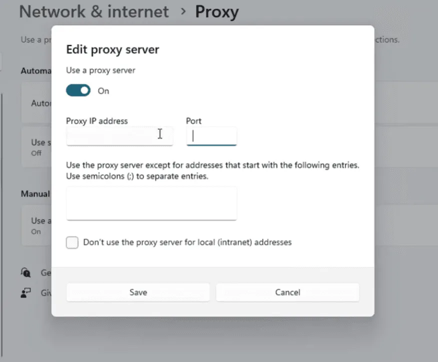 Windows 11 Edit proxy server dialog with Use a proxy server turned on, Proxy IP address and Port fields, the exceptions box and Save