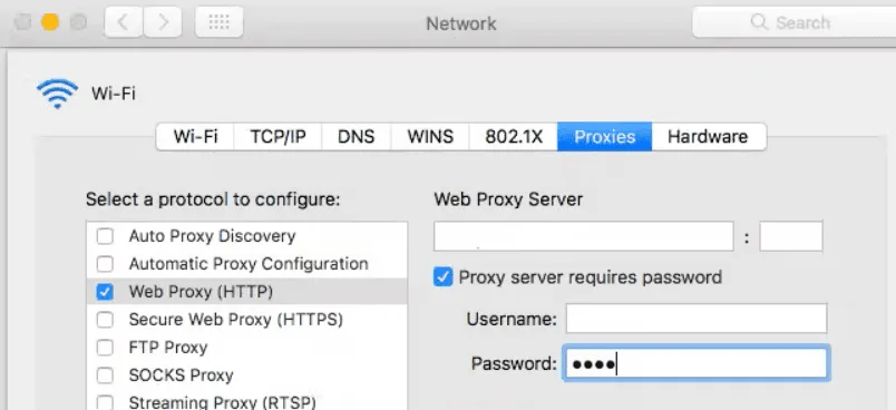 macOS Network settings, Proxies tab with Web Proxy (HTTP) ticked and Proxy server requires password enabled with username and password fields