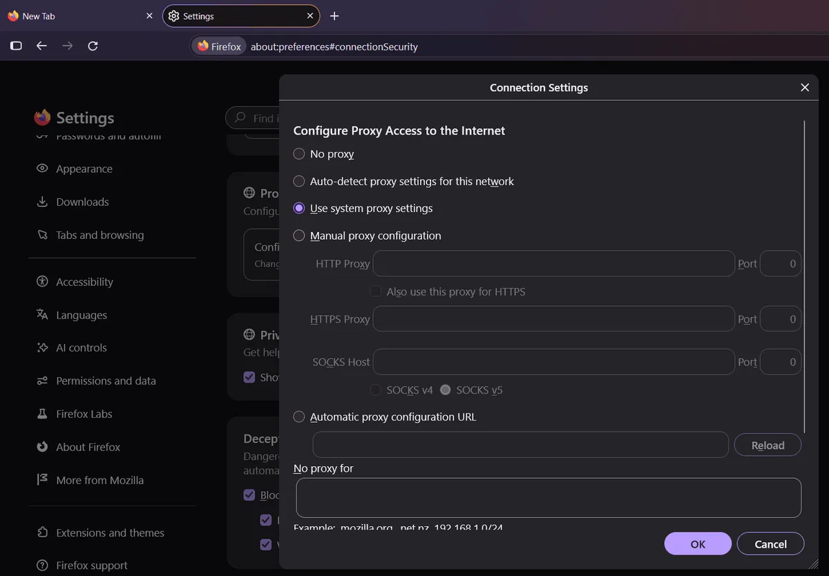 Firefox Connection Settings dialog with No proxy, system, manual and automatic options, HTTP, HTTPS and SOCKS Host fields and SOCKS v5