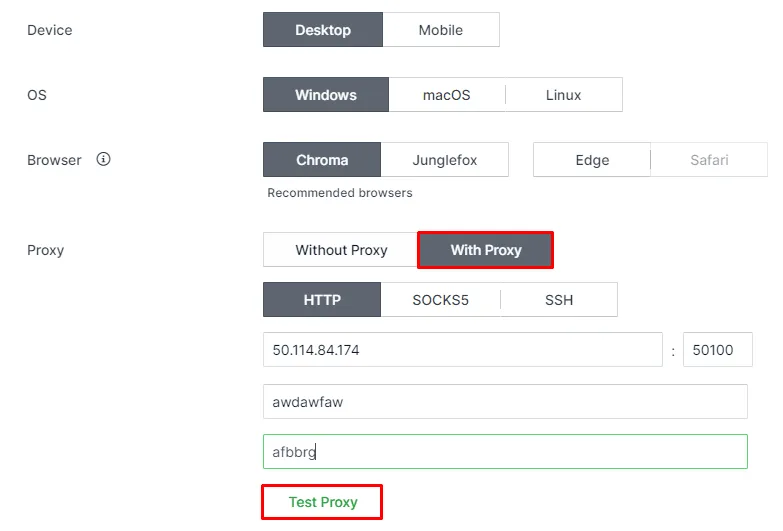 Результат Test Proxy в Kameleo со статусом прокси, страной и регионом