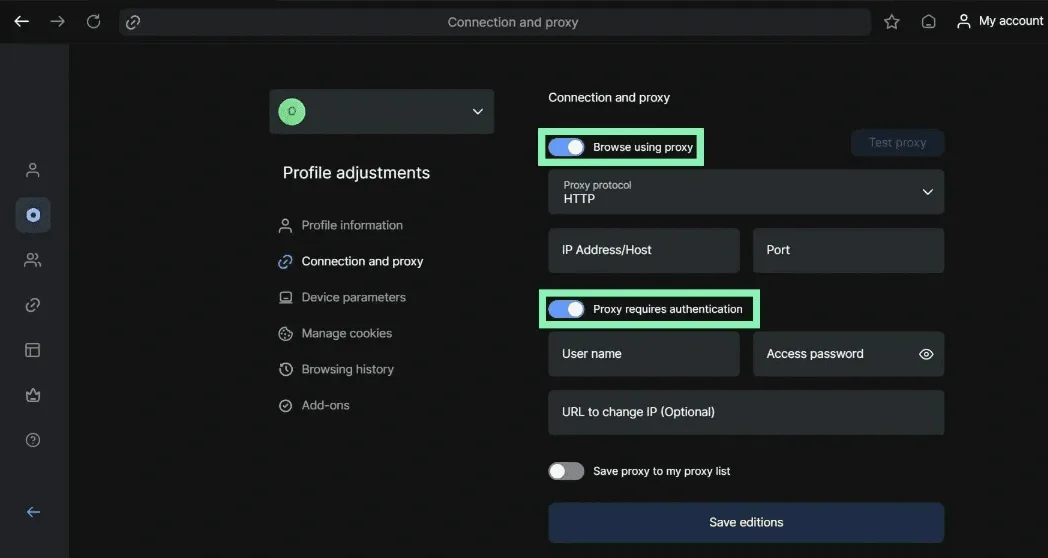 Connection and Proxy tab in Lauth Browser with proxy type, IP address and port fields