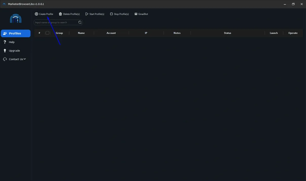 Main window of MarketerBrowserLite with the Create Profile button in the toolbar