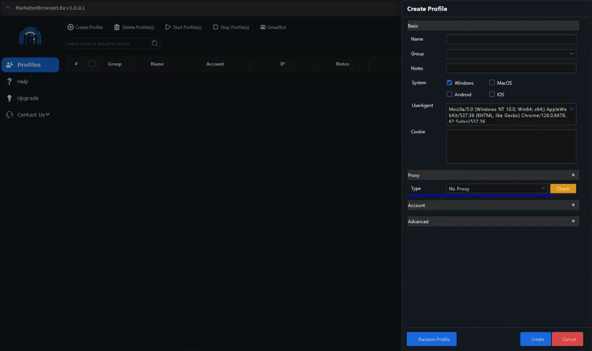 Proxy section of the Create Profile panel in MarketerBrowser with Type set to No Proxy