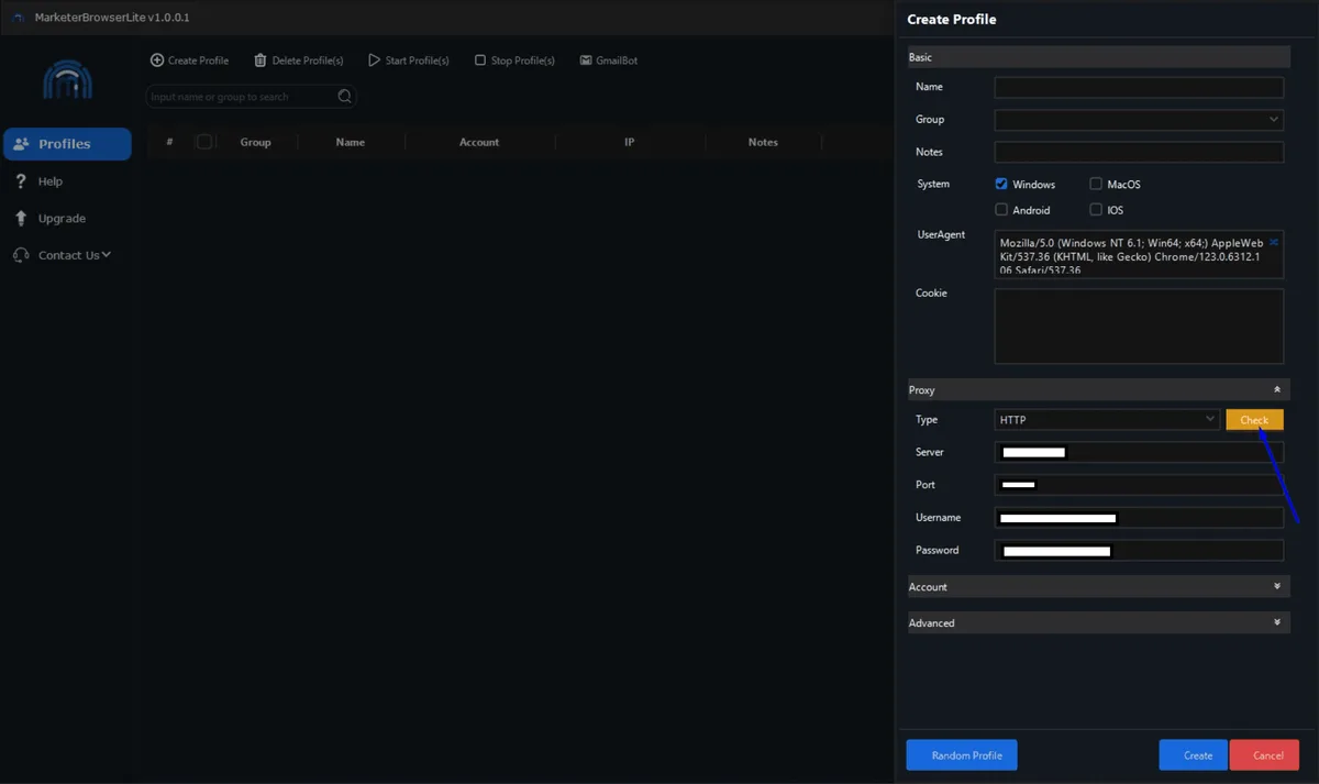 Filled-in proxy fields in MarketerBrowser: Type HTTP, Server, Port, Username, Password and the Check button