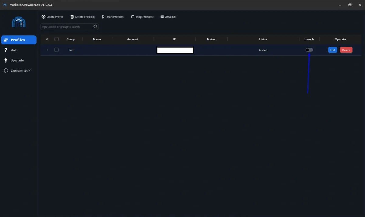 Profile list in MarketerBrowser with the Launch toggle for the new profile