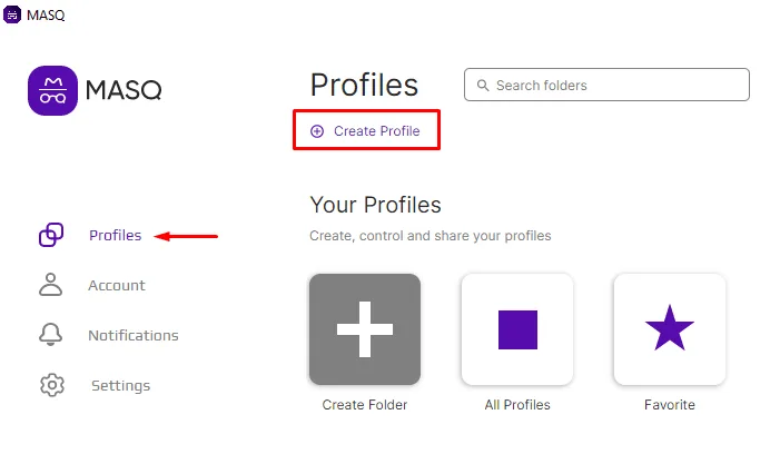 Profiles tab on the MASQ main page with the Create Profile button
