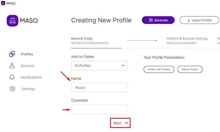 Name and Comment fields in the MASQ profile creation form