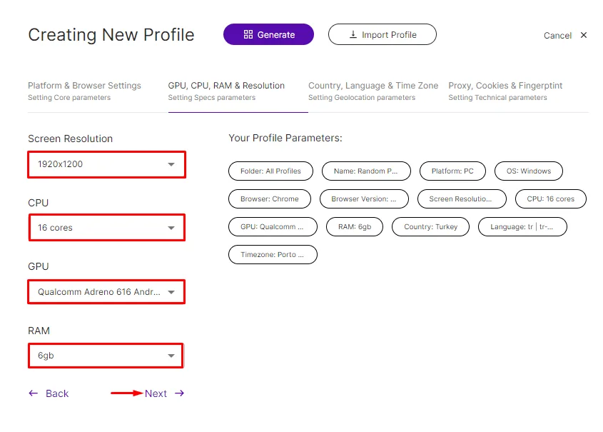 Advanced MASQ profile settings for screen resolution, CPU cores, graphics card and RAM