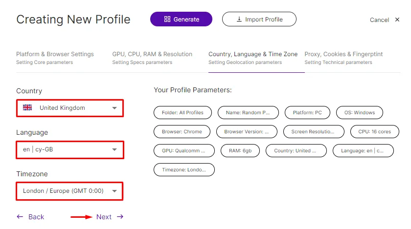 Selecting the country, language and time zone for a MASQ profile