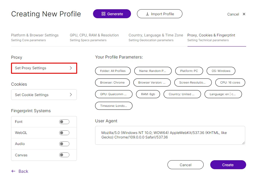Additional MASQ profile parameters with the Set Proxy Settings button