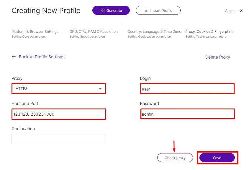 MASQ proxy settings window with protocol, IP address, port, login, password and Check proxy