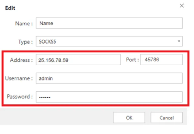 Поля для ввода IP-адреса, порта, логина и пароля прокси в Maxthon / Fields for entering proxy IP address, port, username, and password in Maxthon