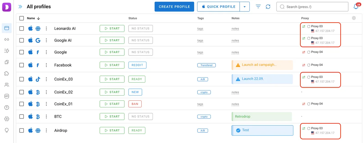 Dolphin Anty profiles connected through the same proxy, which creates a risk of multiaccounting detection