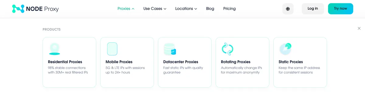 Residential and datacenter proxy types available in Node Proxy